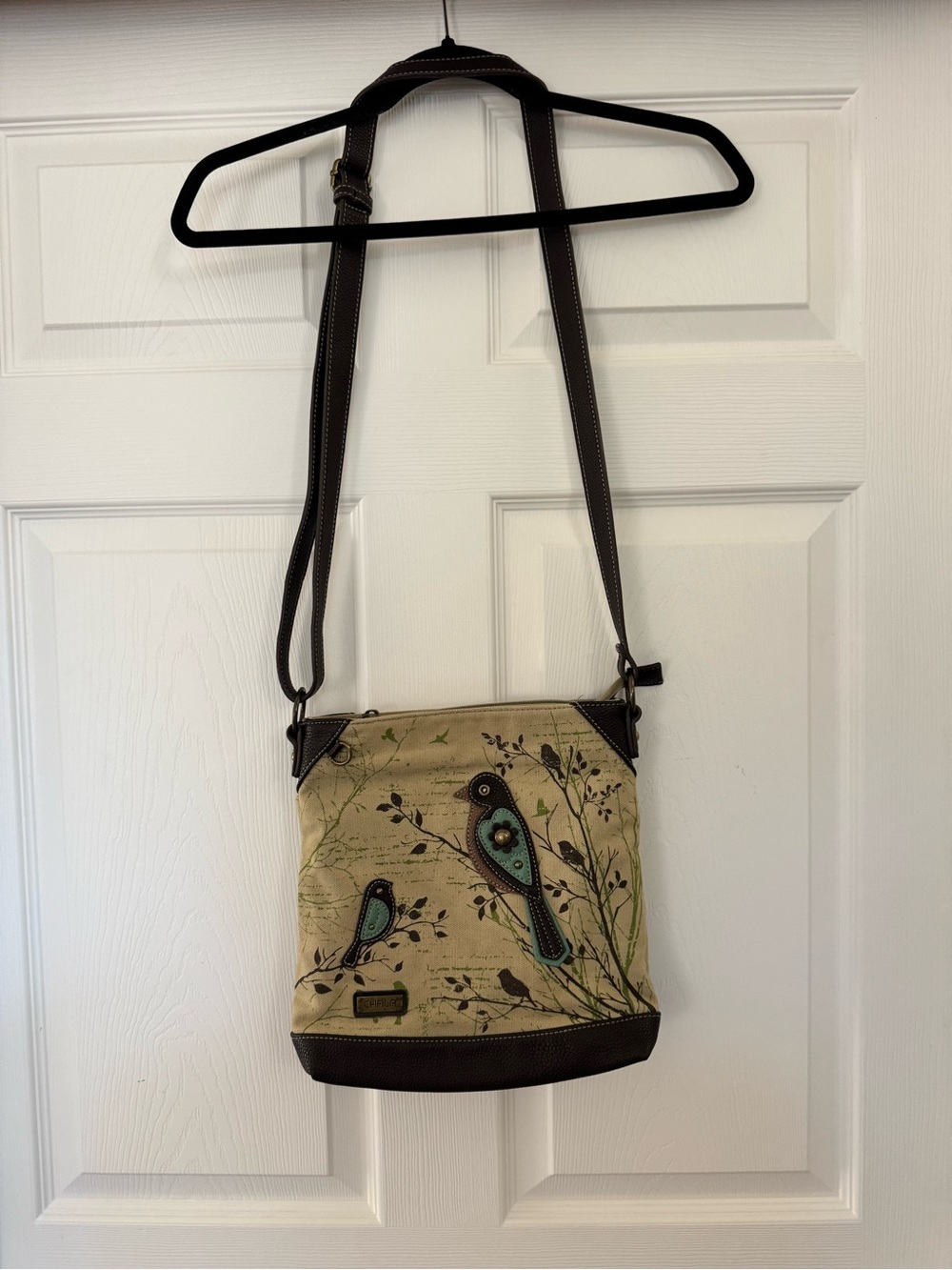 Chala Canvas Crossbody Bag with Blue Bird Motif - Beige and Brown